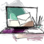 Een schets van een laptop met daarbij een envelop en wat potloden in een houder.