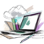 Een laptop met daarnaast usb-sticks en in de verte de Cloud. Het geheel is schetsmatig getekend.