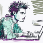 jongeman, ongeveer 25 met een mohawk kapsel en spikes, heeft één hand op de laptop.