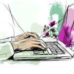 Twee handen werken op een laptop, een veldmuisje kijkt toe.