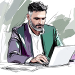 Man, 50-60 jaar, grijzend kort baardje en snor, grijzende haren, in colbert en open overhemd werkend achter de laptop.